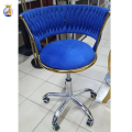 image of Velvet office chair, 360° swivel, one-touch height adjustment, hollow back, chair with casters, blue